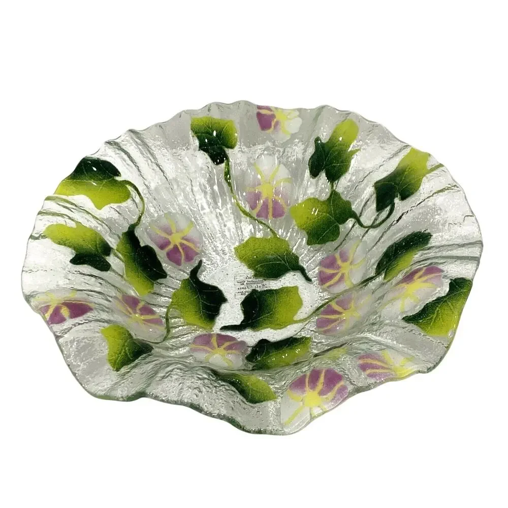 Kali Studio Fused Art Glass Pink & Green Floral Fruit Bowl Ruffle Edge Dish Bowl